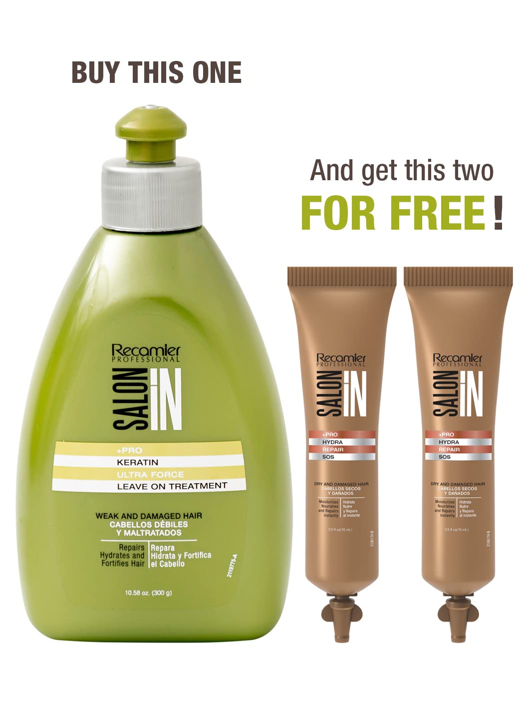 Recamier Professional Salon In +Pro Keratin Ultra Force Leave On Treatment 10.1oz + 2 SOS Hydra Repair - Tratamiento de Keratina para el Cabello Debil y Maltratado