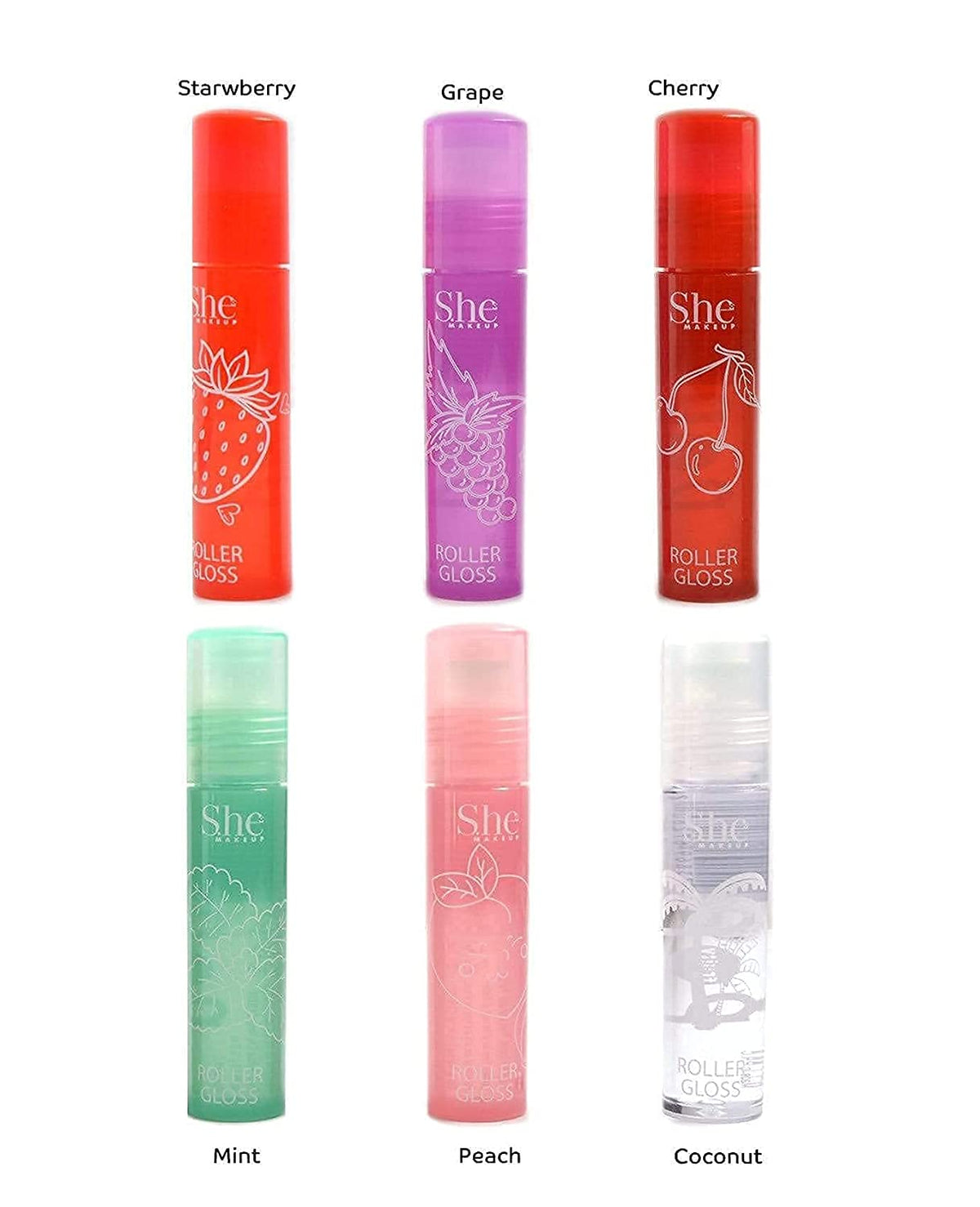 Fruity-Pop Roller Gloss by S.he Makeup; Smooth Glass Like Shine Lip Glosses, Complete Set of All 6 Flavor Scents 0.22oz / 6.3g