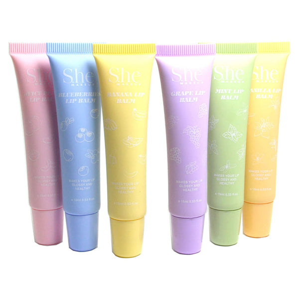 S.he Makeup Glossy Lip Balm Fruit Flavors, Complete Set of All 6 Flavors