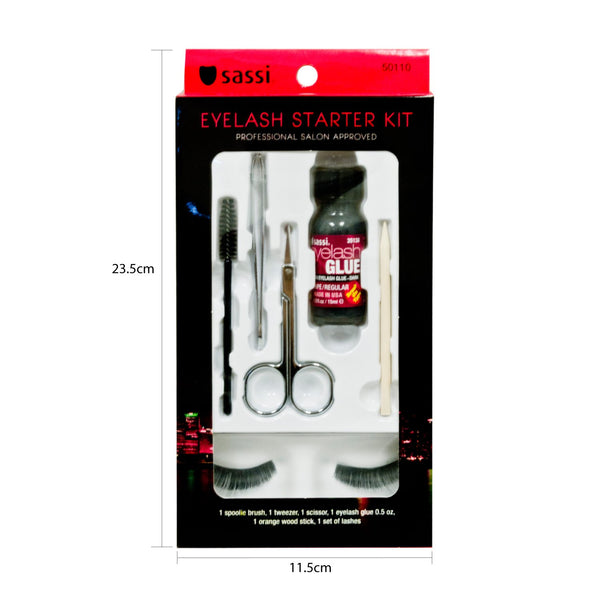 Eyelash Starter Kit by Sassi - Professional Salon Eyelash Glue 0.5oz, Set of False Black Eyelashes #109, Tweezer, Orange Wood Stick, Scissor, Spoolie brush