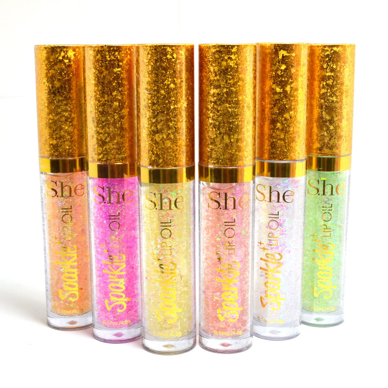 S.he Makeup Sparkle Lip Oil Lip Gloss Balm Ultra Hydrating, Complete Set of All 6 Shades