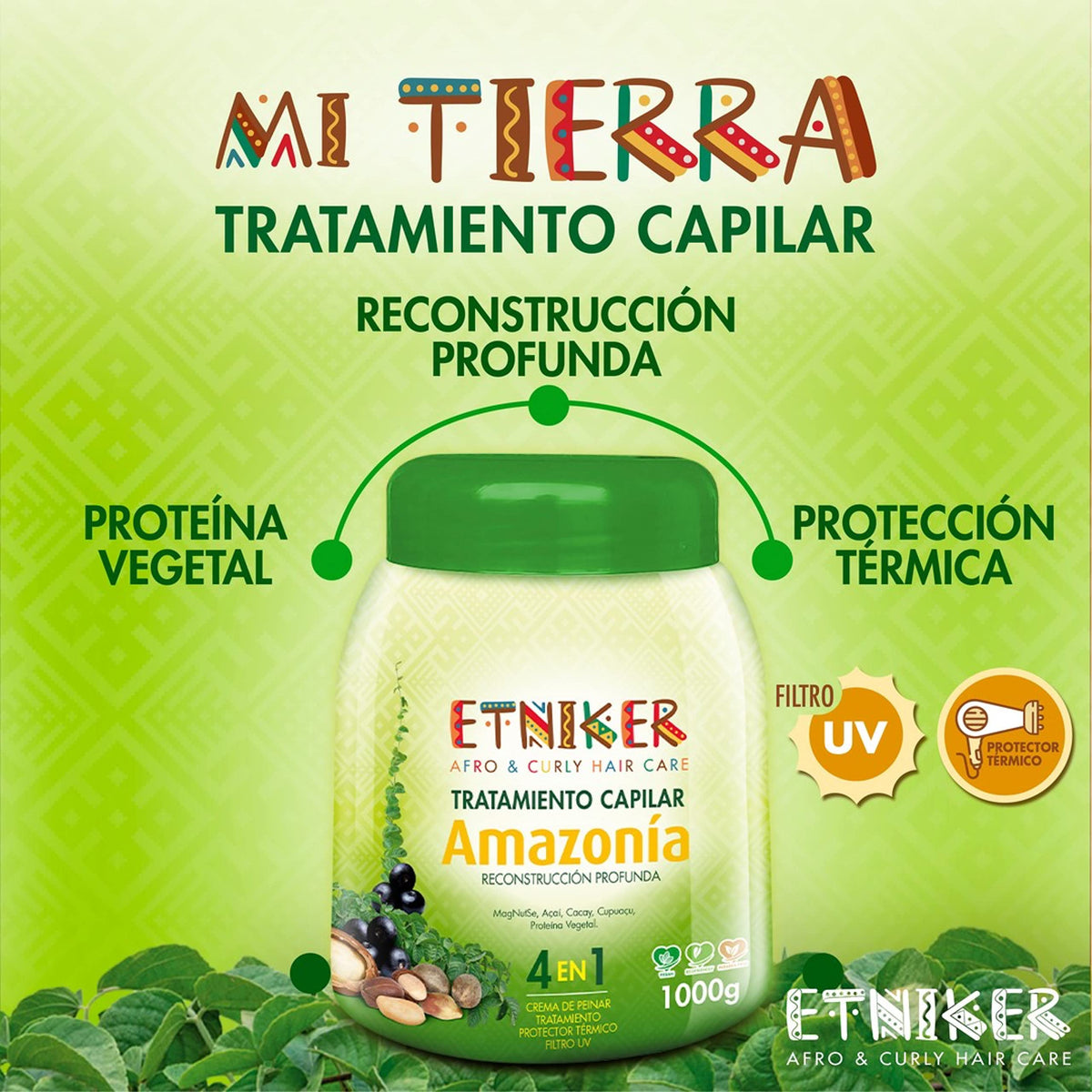 Etniker Amazonia Hair treatment. Deep Conditioning Hair Mask with Magdalena Nut, Cacay, Acai, Cupua�u and protein for Deep Hydration, Repair and protection for Curly Hair. Lmar Afro and Curly Hair Treatment Care 33.3 oz