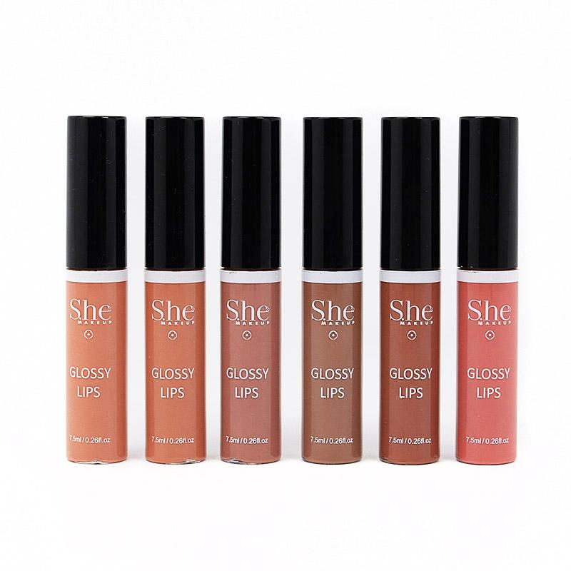 S.he Makeup Glossy Lips lip-gloss Smooth Glass Shine Nude Colors, Complete Set of All 6 Shades