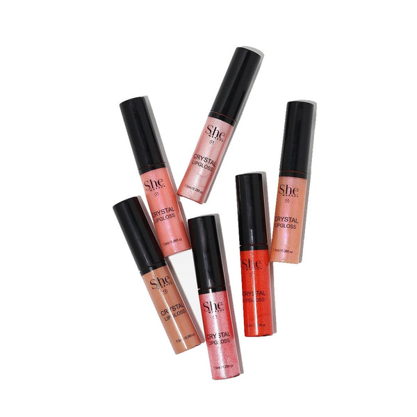 S.he Makeup Crystal Lip Gloss Smooth Glass Shine with Crystals, Complete Set of All 6 Shades 0.22oz