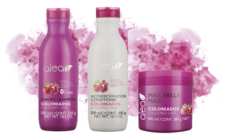 Alea Color-Treated Hair Shampoo, Conditioner and Mask system with Pomegranate Extract for Fragile and dyed Hair | Alea Champu, Condicionador y Mascarilla para cabellos coloreados