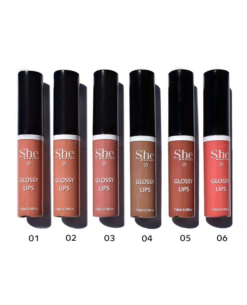 S.he Makeup Glossy Lips lip-gloss Smooth Glass Shine Nude Colors, Complete Set of All 6 Shades